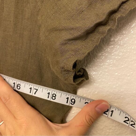 Dark Army Olive green linen wrap button front dress coastal beachy logenlook M - Picture 6 of 11